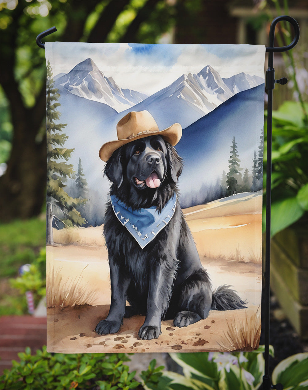 Newfoundland Cowboy Welcome Garden Flag – Western Dog Yard Decor with Mountain Landscape