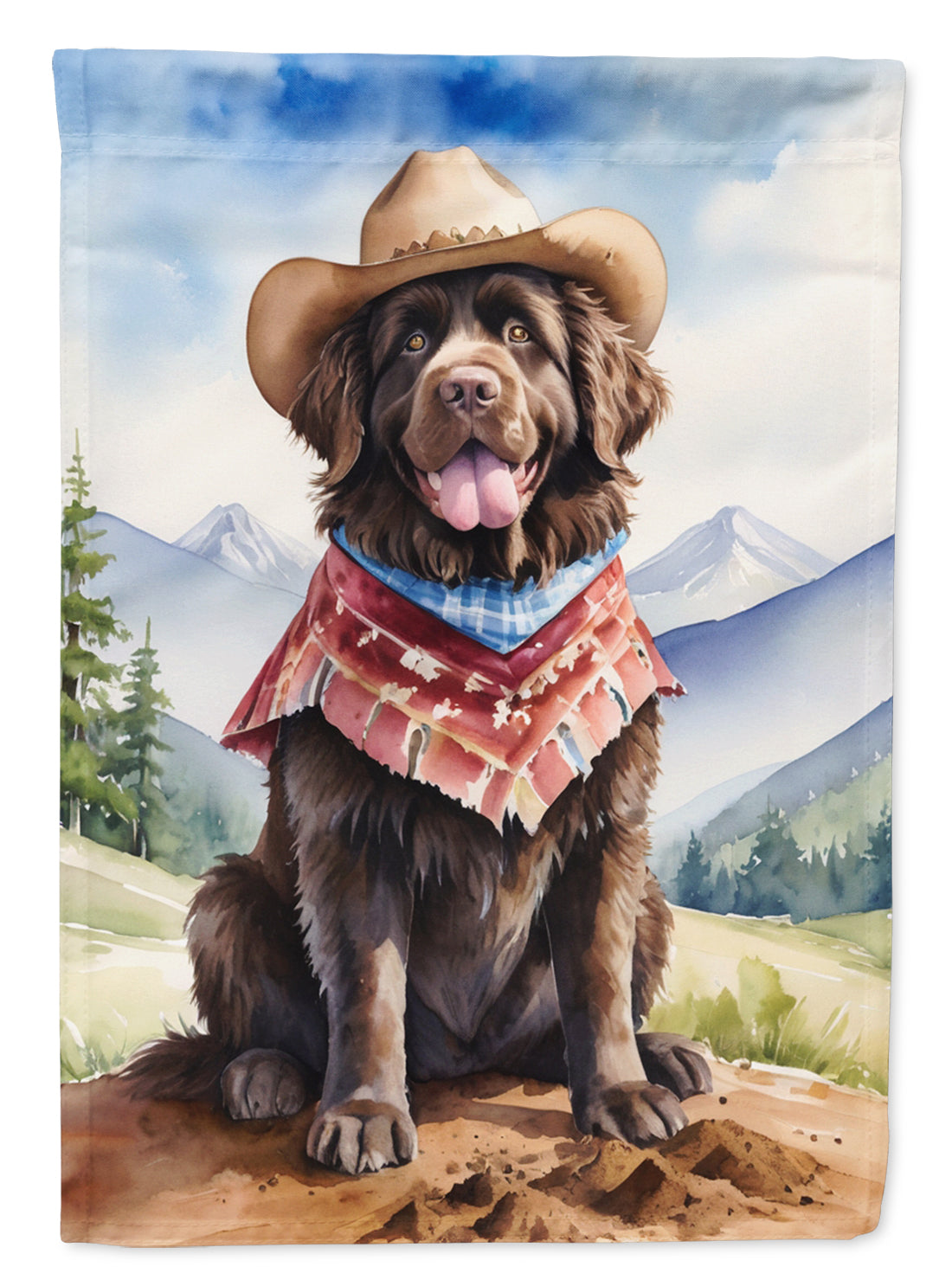 Newfoundland Cowboy Welcome Garden Flag – Western Dog Yard Decor with Mountain Landscape