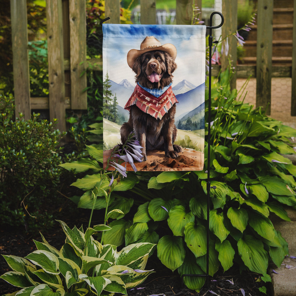 Newfoundland Cowboy Welcome Garden Flag – Western Dog Yard Decor with Mountain Landscape