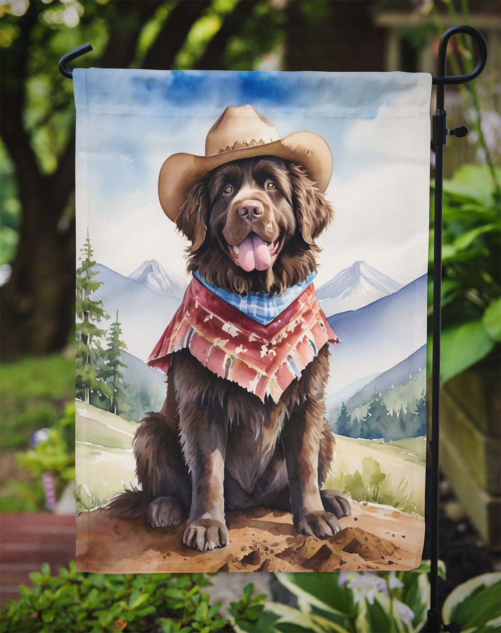 Newfoundland Cowboy Welcome Garden Flag – Western Dog Yard Decor with Mountain Landscape