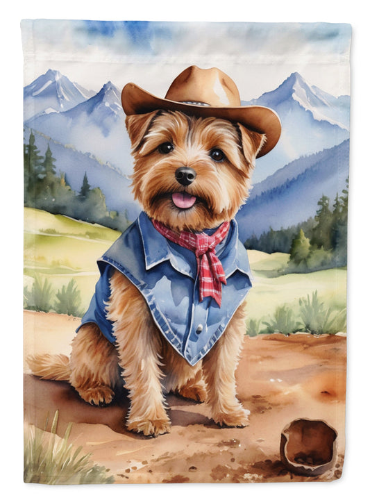 Norfolk Terrier Cowboy Welcome Garden Flag – Western Dog Yard Decor with Mountain Landscape