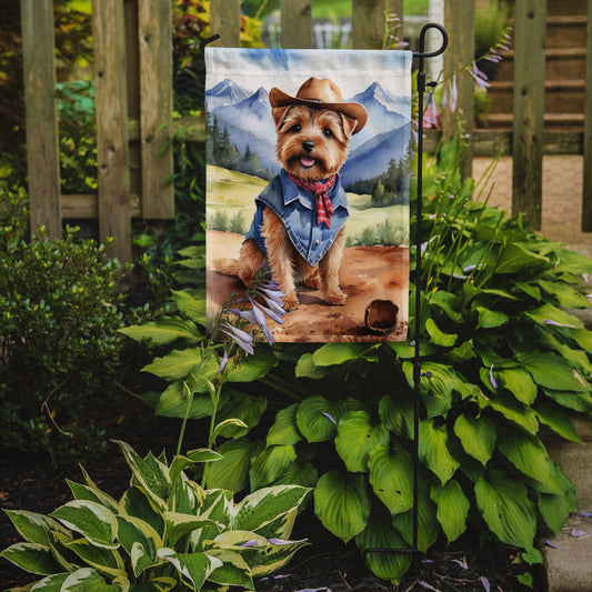 Norfolk Terrier Cowboy Welcome Garden Flag – Western Dog Yard Decor with Mountain Landscape