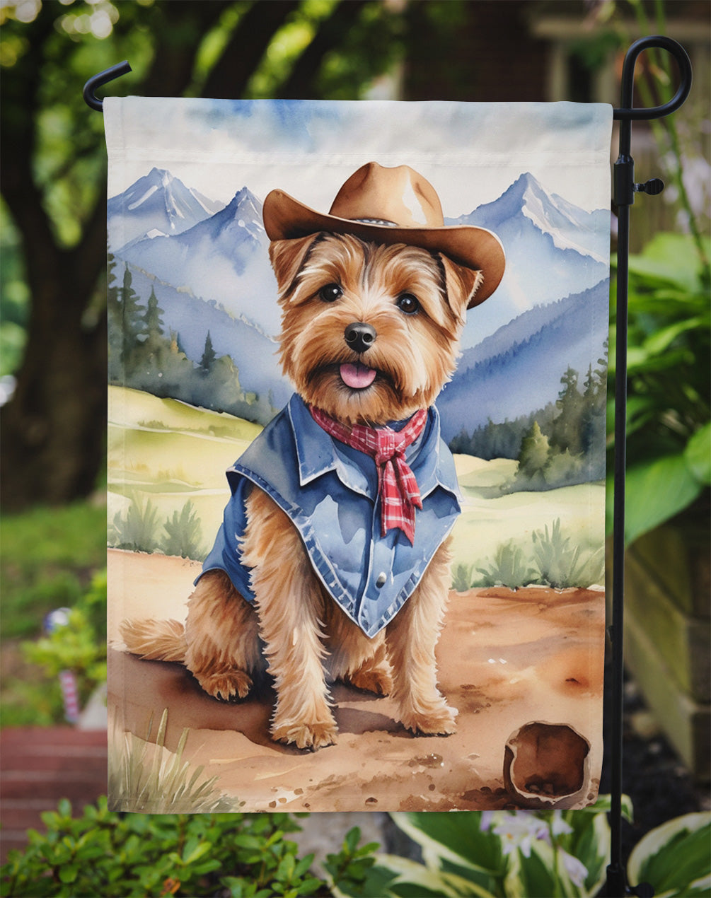 Norfolk Terrier Cowboy Welcome Garden Flag – Western Dog Yard Decor with Mountain Landscape