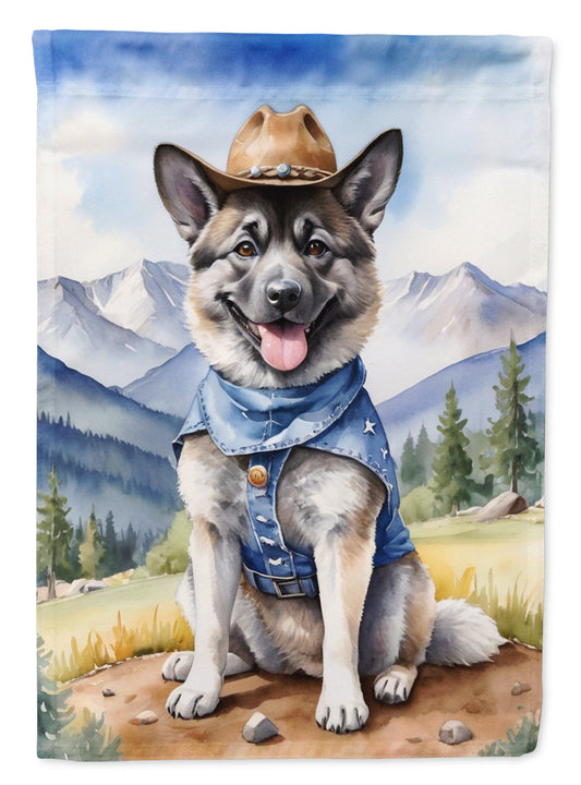 Norwegian Elkhound Cowboy Welcome Garden Flag – Western Dog Yard Decor with Mountain Landscape