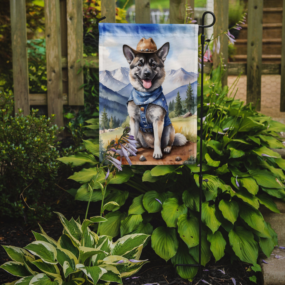 Norwegian Elkhound Cowboy Welcome Garden Flag – Western Dog Yard Decor with Mountain Landscape