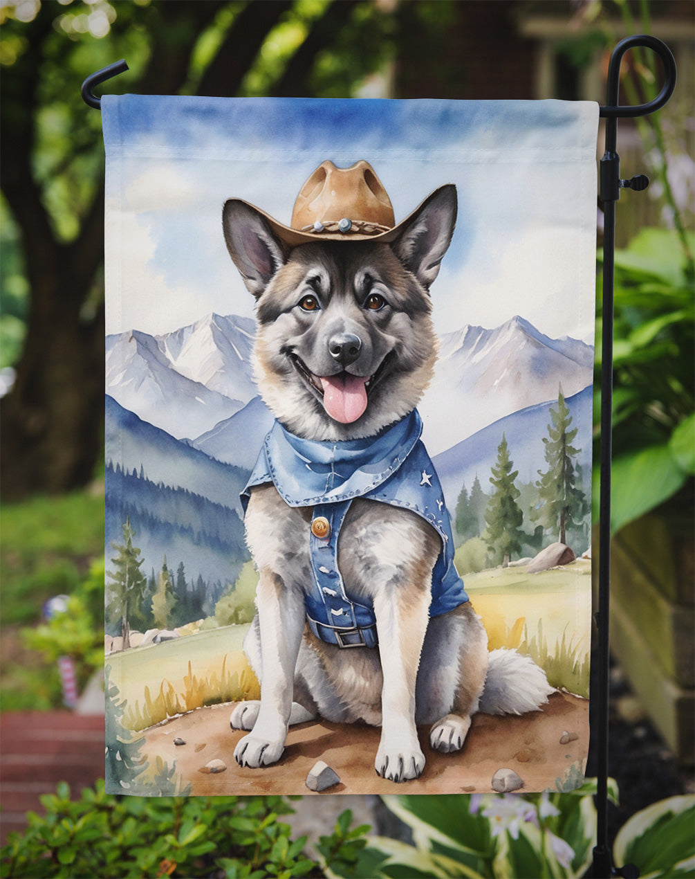 Norwegian Elkhound Cowboy Welcome Garden Flag – Western Dog Yard Decor with Mountain Landscape