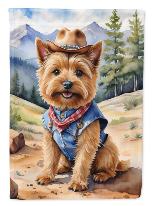 Norwich Terrier Cowboy Welcome Garden Flag – Western Dog Yard Decor with Mountain Landscape