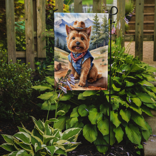 Norwich Terrier Cowboy Welcome Garden Flag – Western Dog Yard Decor with Mountain Landscape
