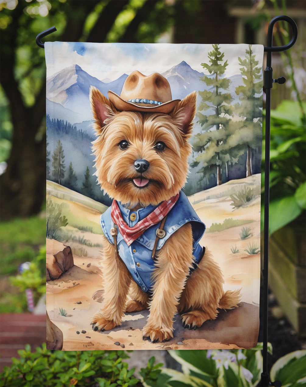 Norwich Terrier Cowboy Welcome Garden Flag – Western Dog Yard Decor with Mountain Landscape