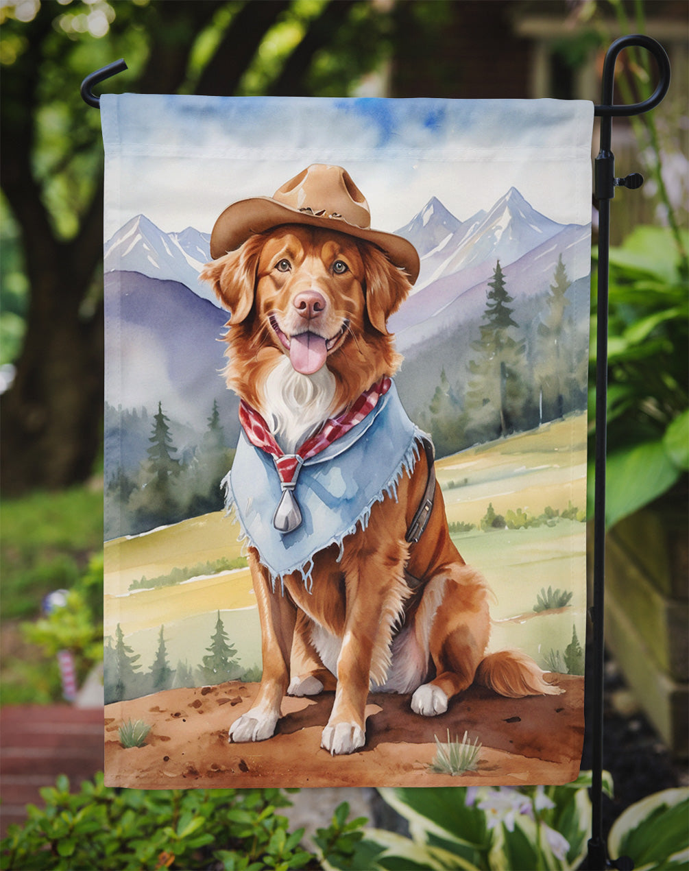 Nova Scotia Duck Tolling Retriever Cowboy Welcome Garden Flag – Western Dog Yard Decor with Mountain Landscape