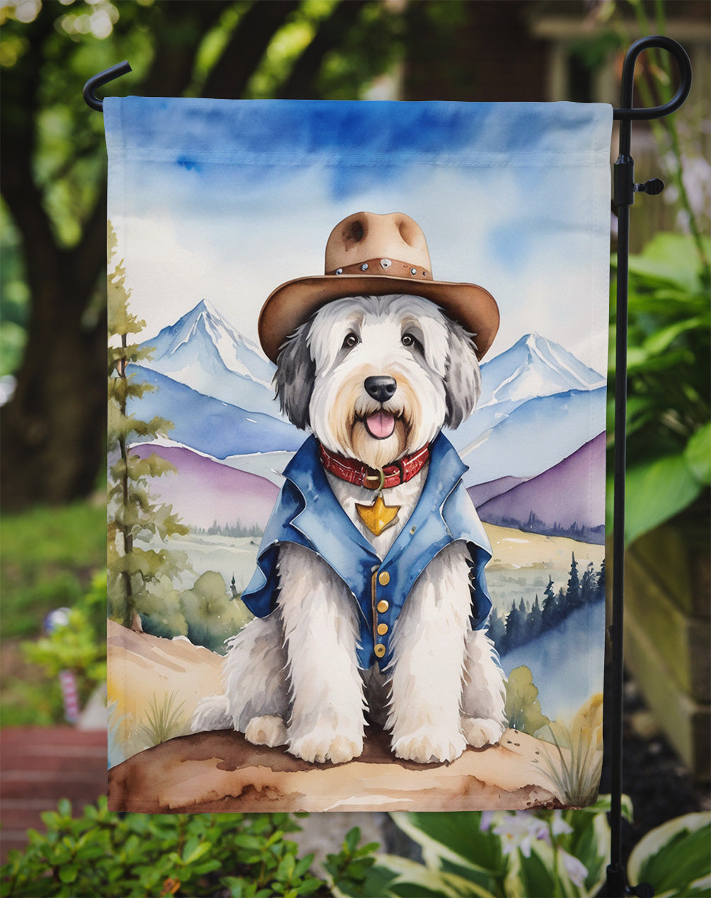 Old English Sheepdog Cowboy Welcome Garden Flag – Western Dog Yard Decor with Mountain Landscape