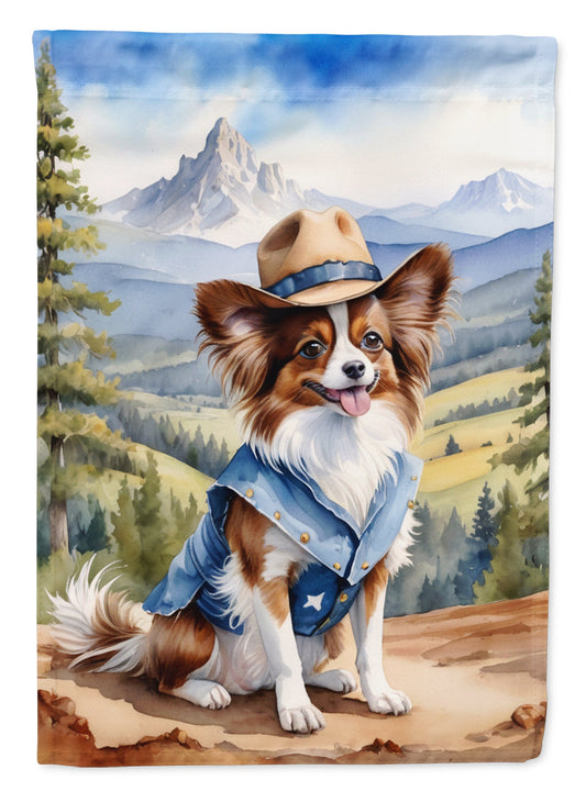 Papillon Cowboy Welcome Garden Flag – Western Dog Yard Decor with Mountain Landscape