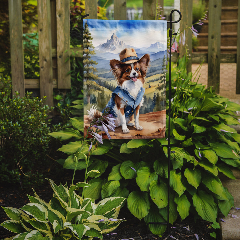 Papillon Cowboy Welcome Garden Flag – Western Dog Yard Decor with Mountain Landscape