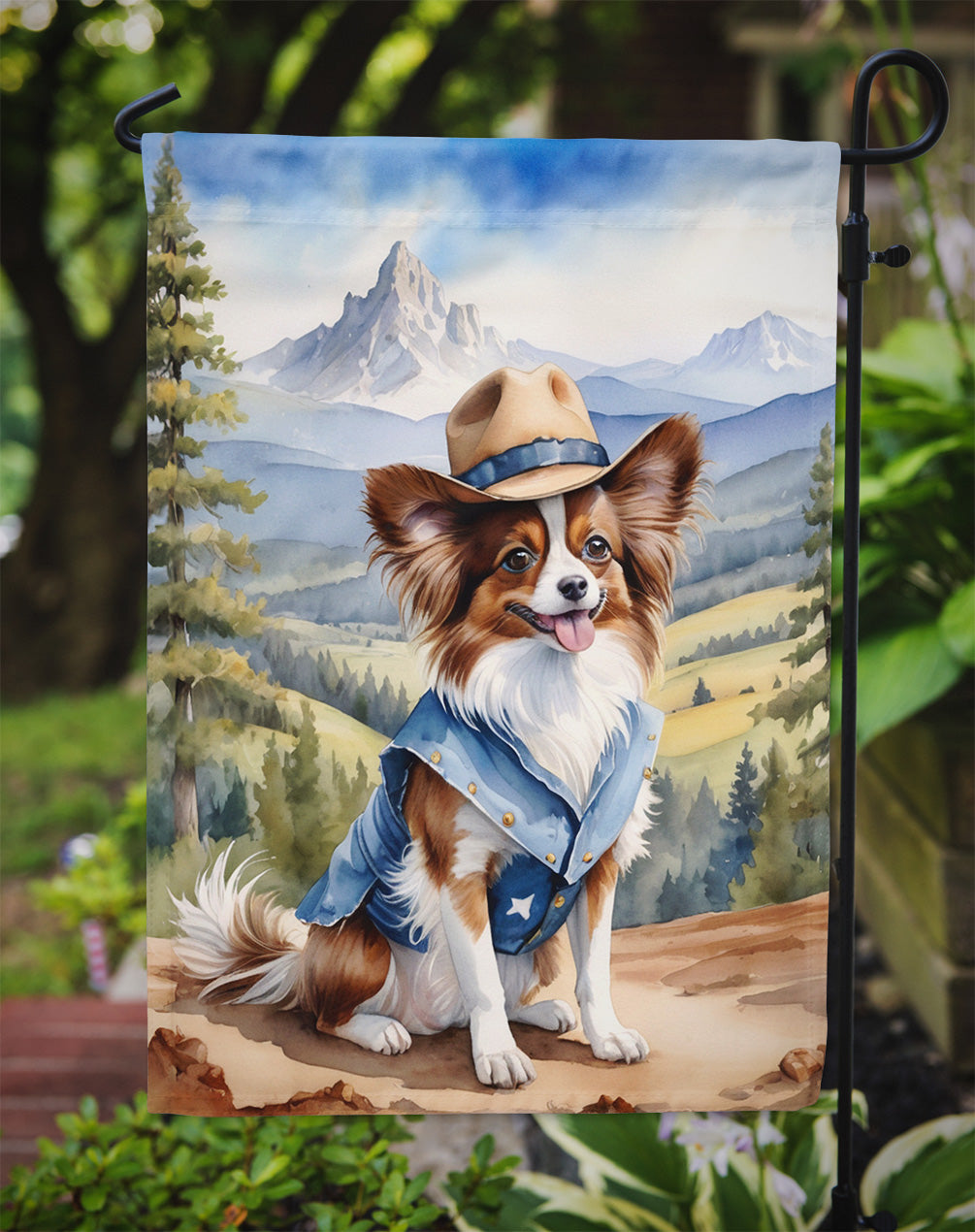 Papillon Cowboy Welcome Garden Flag – Western Dog Yard Decor with Mountain Landscape