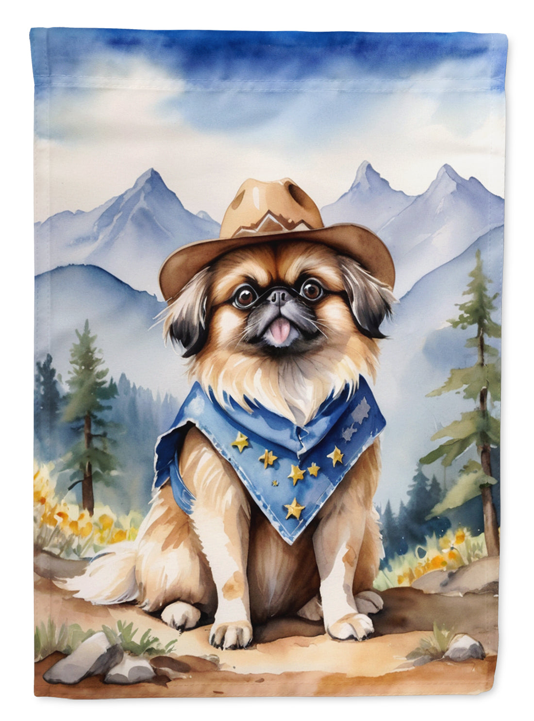 Pekingese Cowboy Welcome Garden Flag – Western Dog Yard Decor with Mountain Landscape