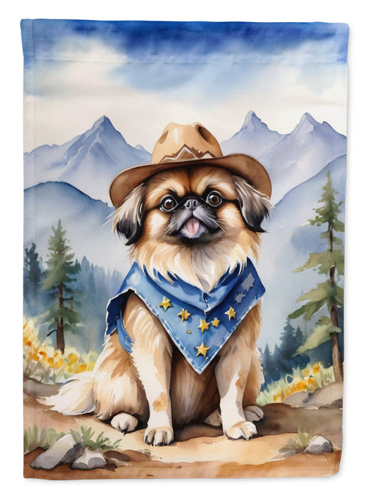 Pekingese Cowboy Welcome Garden Flag – Western Dog Yard Decor with Mountain Landscape
