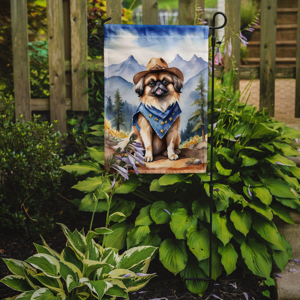 Pekingese Cowboy Welcome Garden Flag – Western Dog Yard Decor with Mountain Landscape