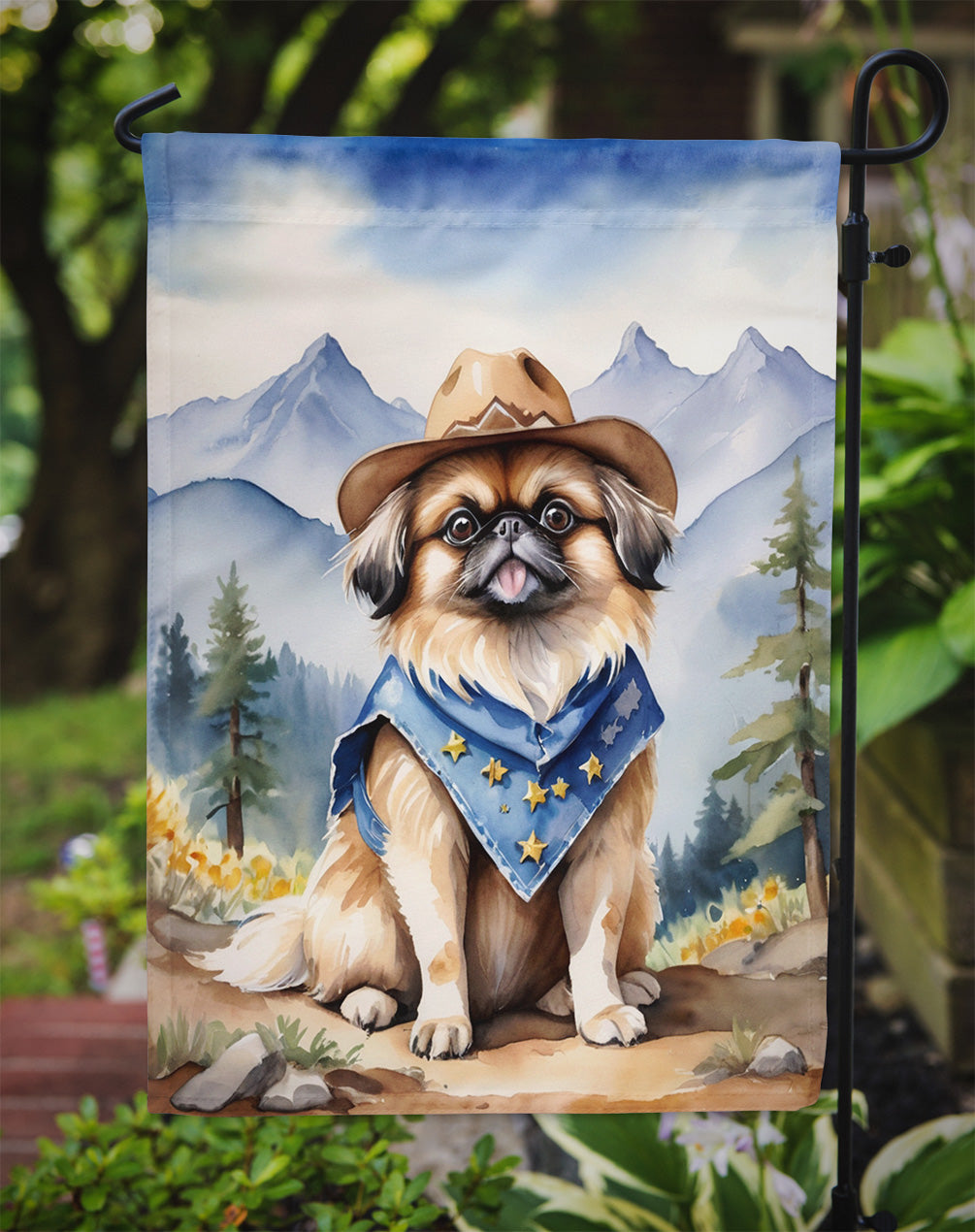Pekingese Cowboy Welcome Garden Flag – Western Dog Yard Decor with Mountain Landscape