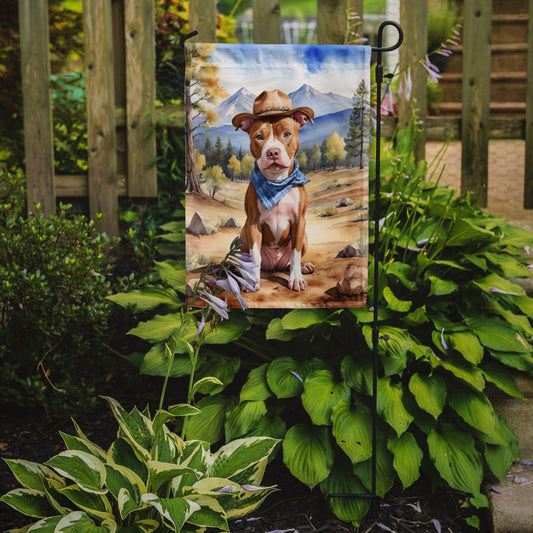 Pit Bull Terrier Cowboy Welcome Garden Flag – Western Dog Yard Decor with Mountain Landscape