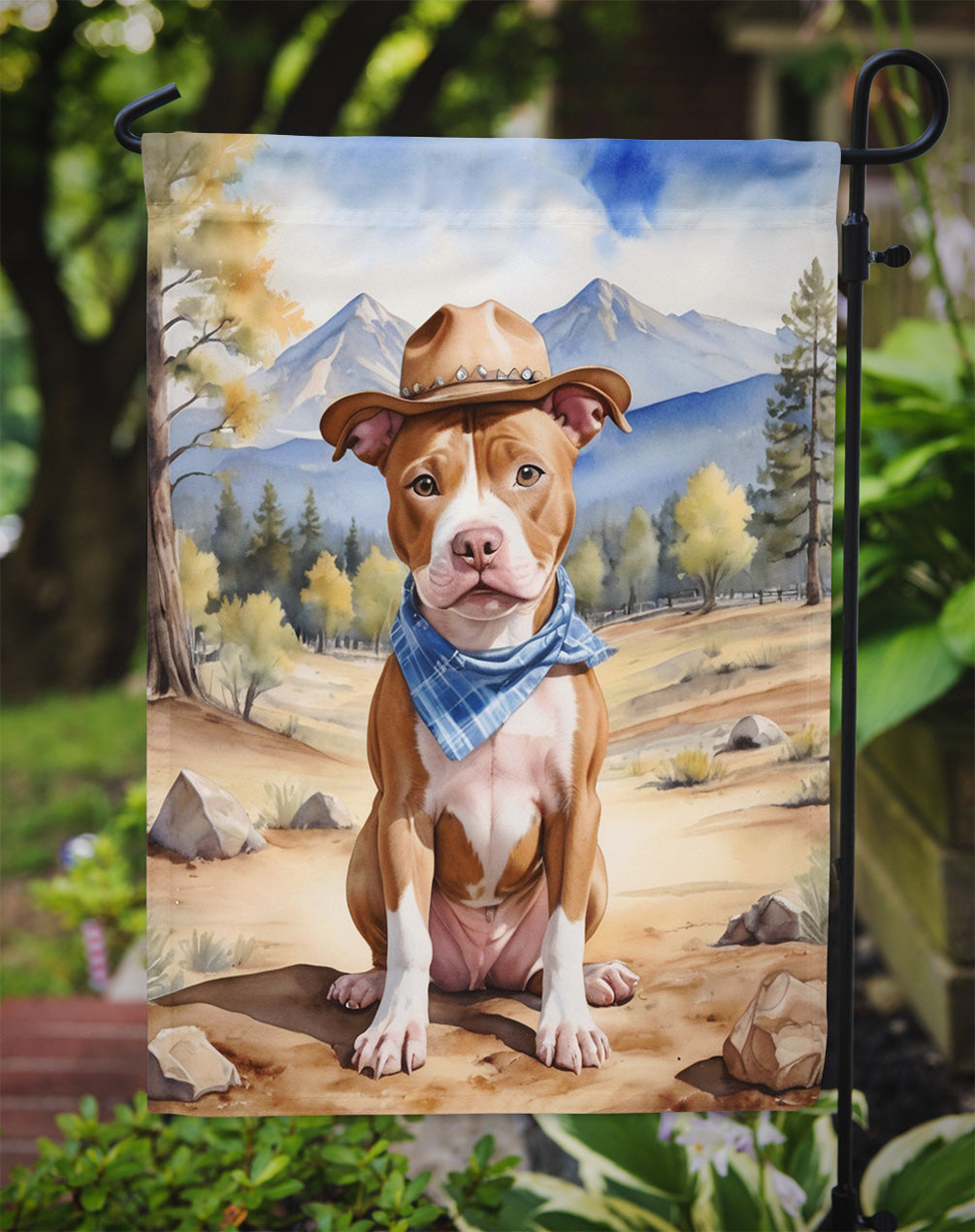 Pit Bull Terrier Cowboy Welcome Garden Flag – Western Dog Yard Decor with Mountain Landscape
