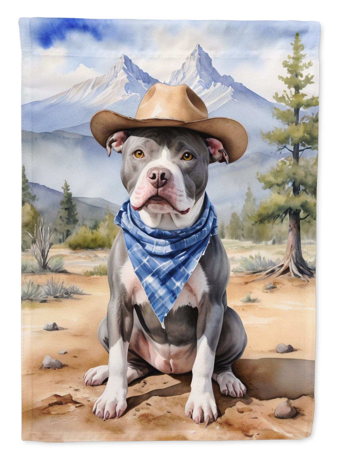 Pit Bull Terrier Cowboy Welcome Garden Flag – Western Dog Yard Decor with Mountain Landscape