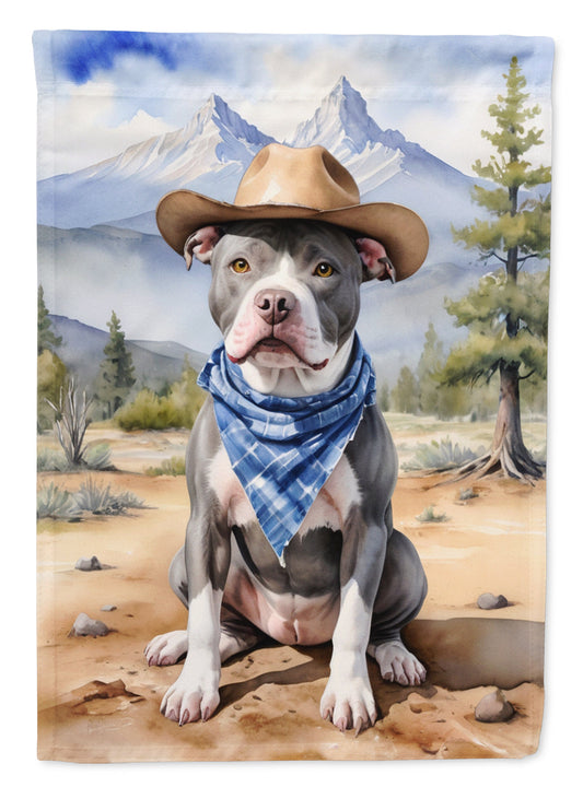 Pit Bull Terrier Cowboy Welcome Garden Flag – Western Dog Yard Decor with Mountain Landscape