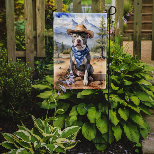 Pit Bull Terrier Cowboy Welcome Garden Flag – Western Dog Yard Decor with Mountain Landscape