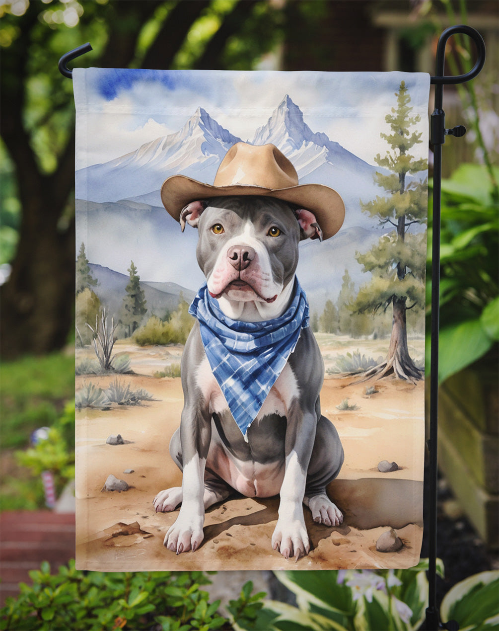 Pit Bull Terrier Cowboy Welcome Garden Flag – Western Dog Yard Decor with Mountain Landscape