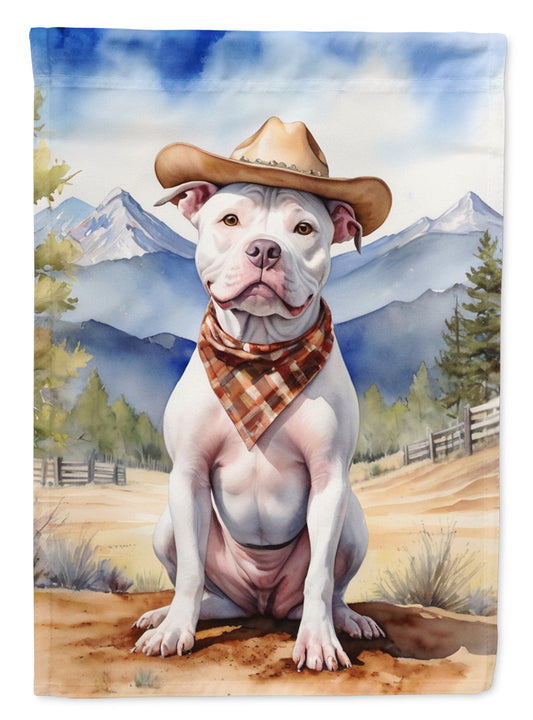 Pit Bull Terrier Cowboy Welcome Garden Flag – Western Dog Yard Decor with Mountain Landscape