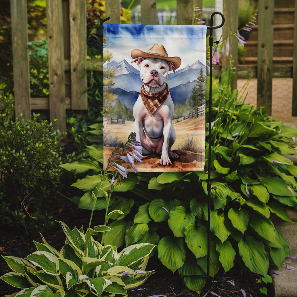 Pit Bull Terrier Cowboy Welcome Garden Flag – Western Dog Yard Decor with Mountain Landscape