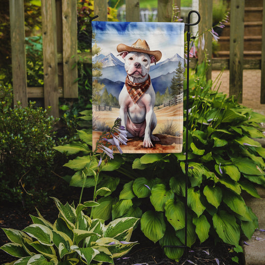 Pit Bull Terrier Cowboy Welcome Garden Flag – Western Dog Yard Decor with Mountain Landscape