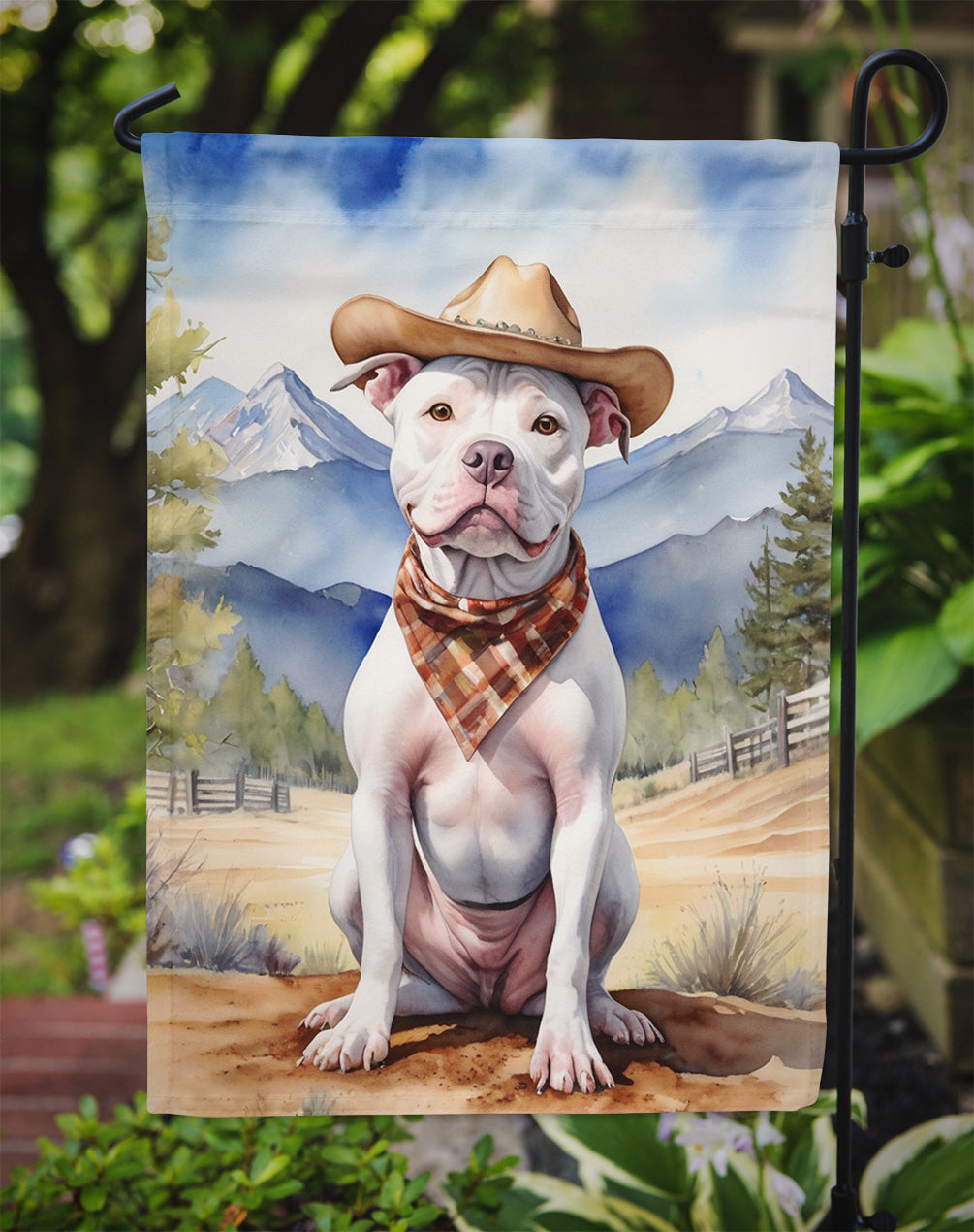 Pit Bull Terrier Cowboy Welcome Garden Flag – Western Dog Yard Decor with Mountain Landscape