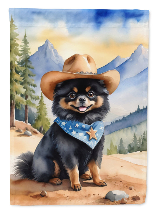 Pomeranian Cowboy Welcome Garden Flag – Western Dog Yard Decor with Mountain Landscape
