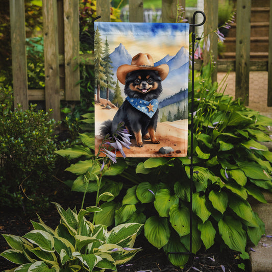 Pomeranian Cowboy Welcome Garden Flag – Western Dog Yard Decor with Mountain Landscape