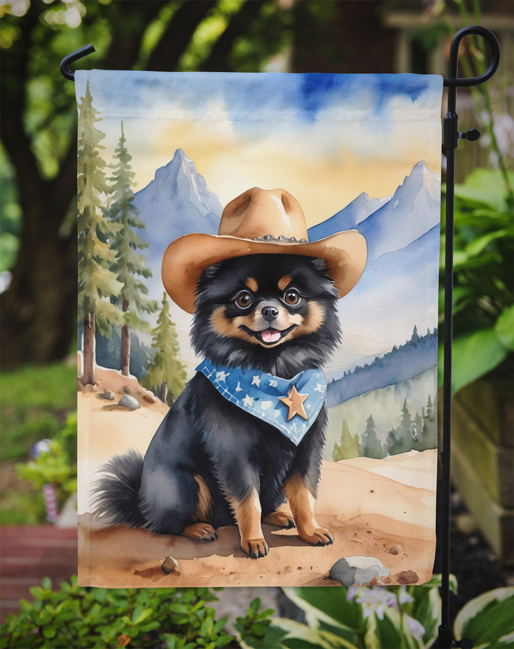 Pomeranian Cowboy Welcome Garden Flag – Western Dog Yard Decor with Mountain Landscape