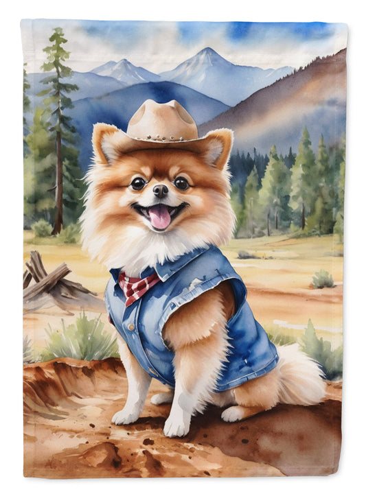 Pomeranian Cowboy Welcome Garden Flag – Western Dog Yard Decor with Mountain Landscape
