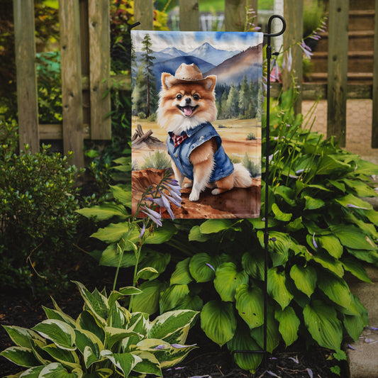 Pomeranian Cowboy Welcome Garden Flag – Western Dog Yard Decor with Mountain Landscape