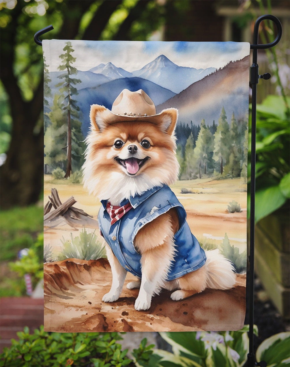 Pomeranian Cowboy Welcome Garden Flag – Western Dog Yard Decor with Mountain Landscape