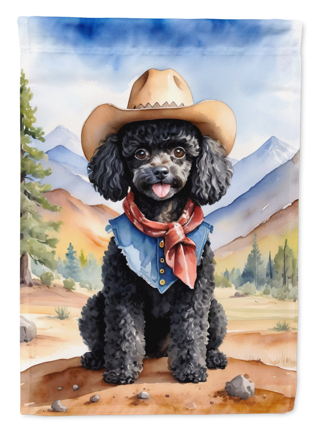 Black Poodle Cowboy Welcome Garden Flag – Western Dog Yard Decor with Mountain Landscape