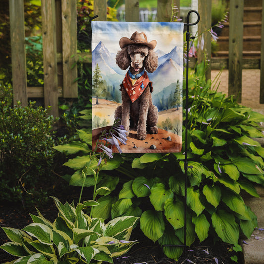 Poodle Cowboy Welcome Garden Flag – Western Dog Yard Decor with Mountain Landscape