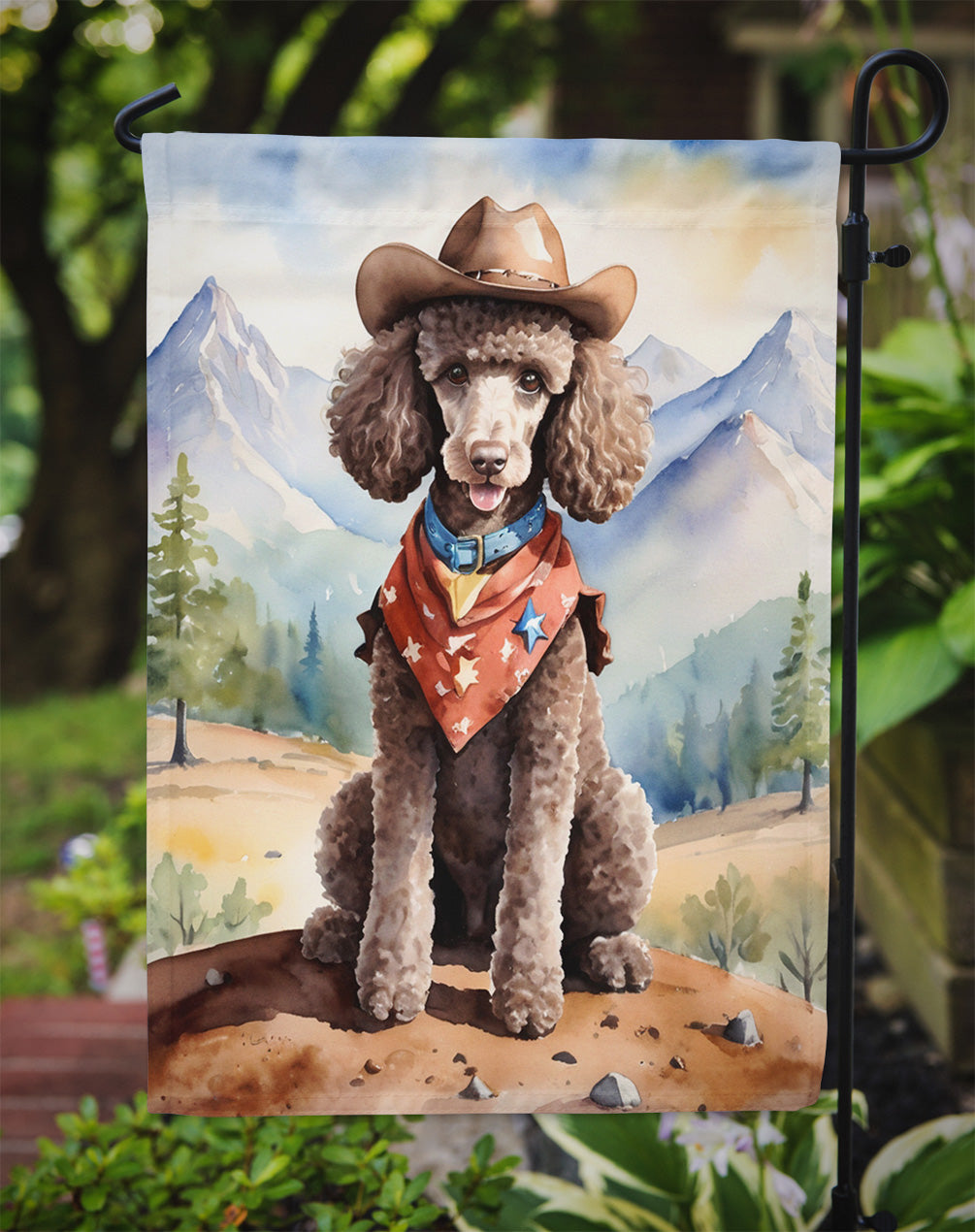 Poodle Cowboy Welcome Garden Flag – Western Dog Yard Decor with Mountain Landscape