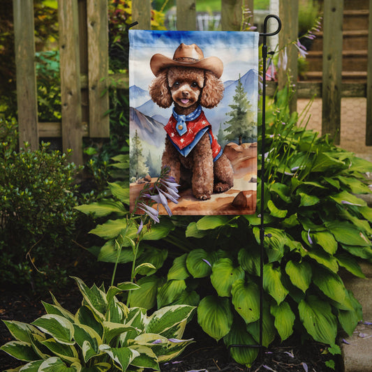 Poodle Cowboy Welcome Garden Flag – Western Dog Yard Decor with Mountain Landscape