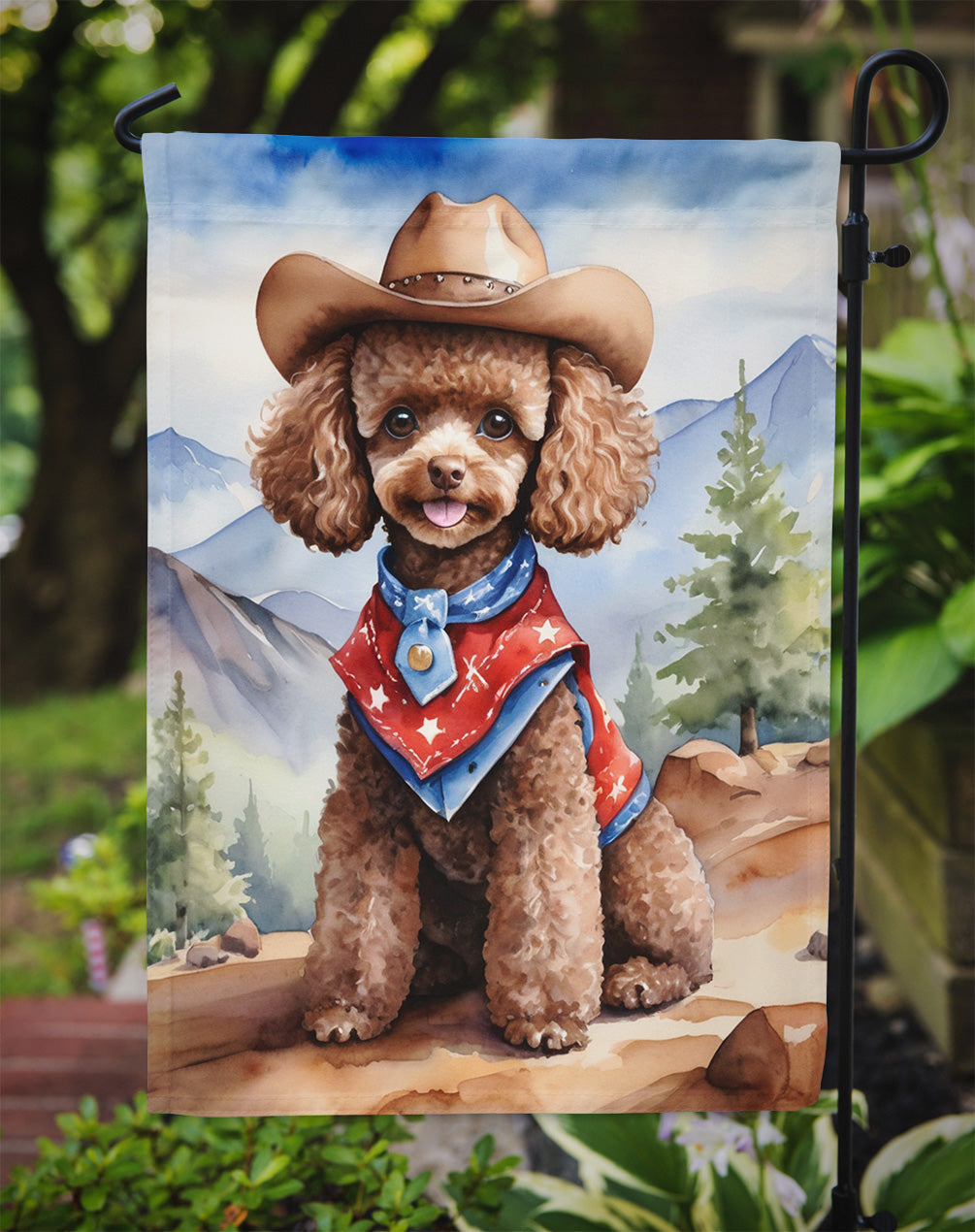 Poodle Cowboy Welcome Garden Flag – Western Dog Yard Decor with Mountain Landscape