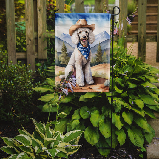Poodle Cowboy Welcome Garden Flag – Western Dog Yard Decor with Mountain Landscape