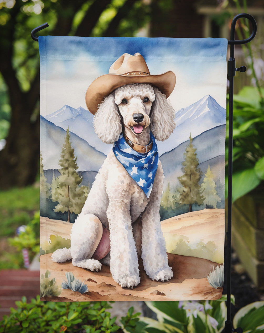 Poodle Cowboy Welcome Garden Flag – Western Dog Yard Decor with Mountain Landscape
