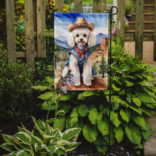 Poodle Cowboy Welcome Garden Flag – Western Dog Yard Decor with Mountain Landscape