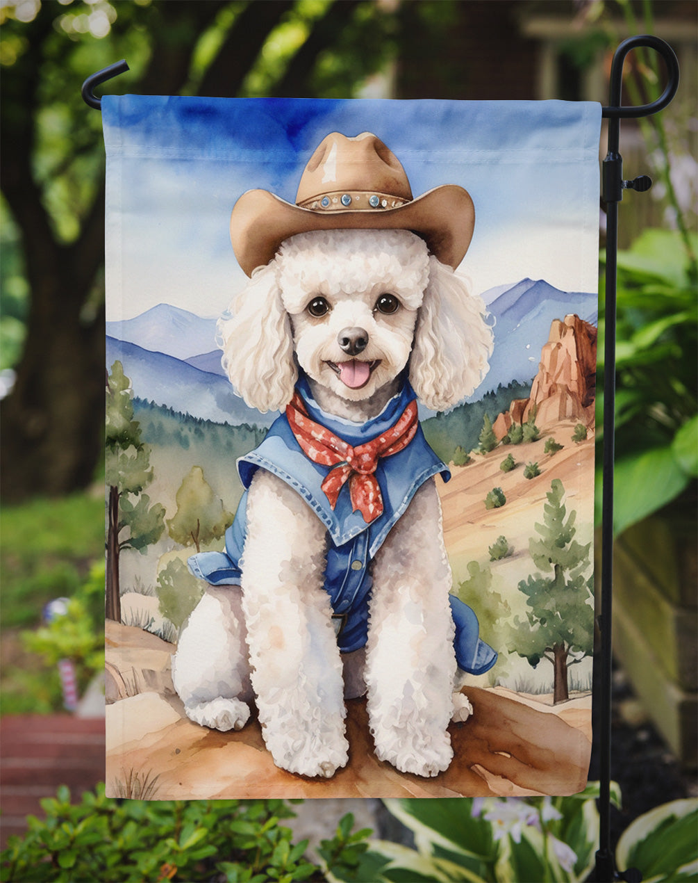 Poodle Cowboy Welcome Garden Flag – Western Dog Yard Decor with Mountain Landscape
