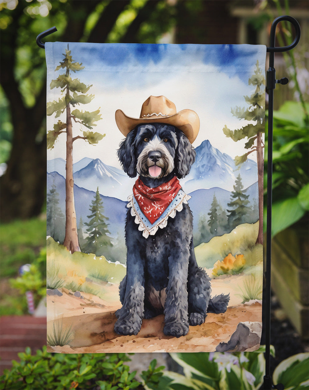 Portuguese Water Dog Cowboy Welcome Garden Flag – Western Dog Yard Decor with Mountain Landscape