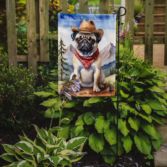 Pug Cowboy Welcome Garden Flag – Western Dog Yard Decor with Mountain Landscape
