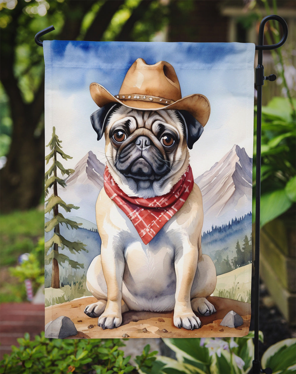 Pug Cowboy Welcome Garden Flag – Western Dog Yard Decor with Mountain Landscape